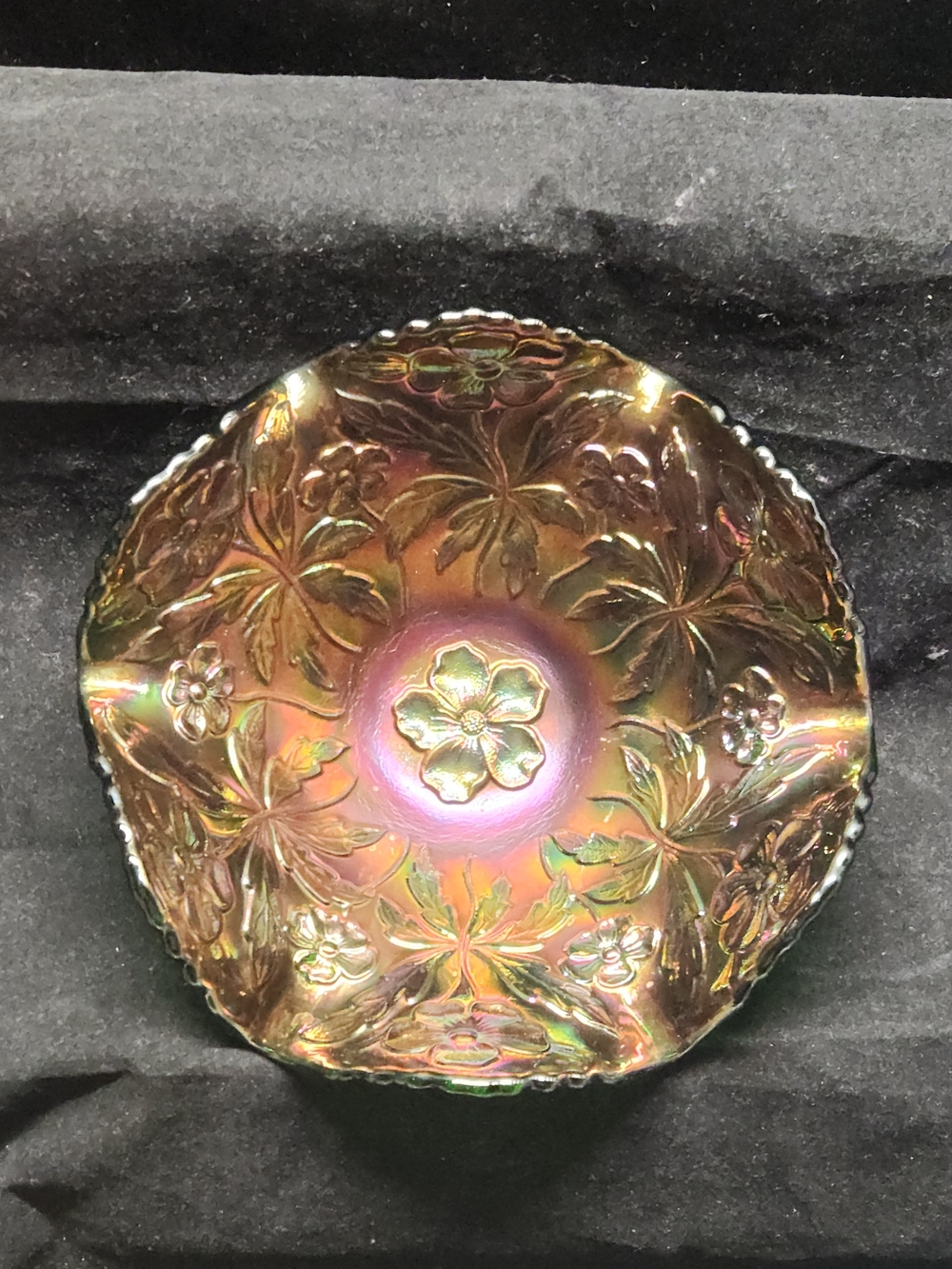Fenton Iridescent Gold and Pink Floral Carnival Glass Bowl